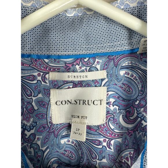 CON.STRUCT Stretch Blue Medallion Slim Fit Stretch Button Shirt Size 17 34-35 - Picture 3 of 4